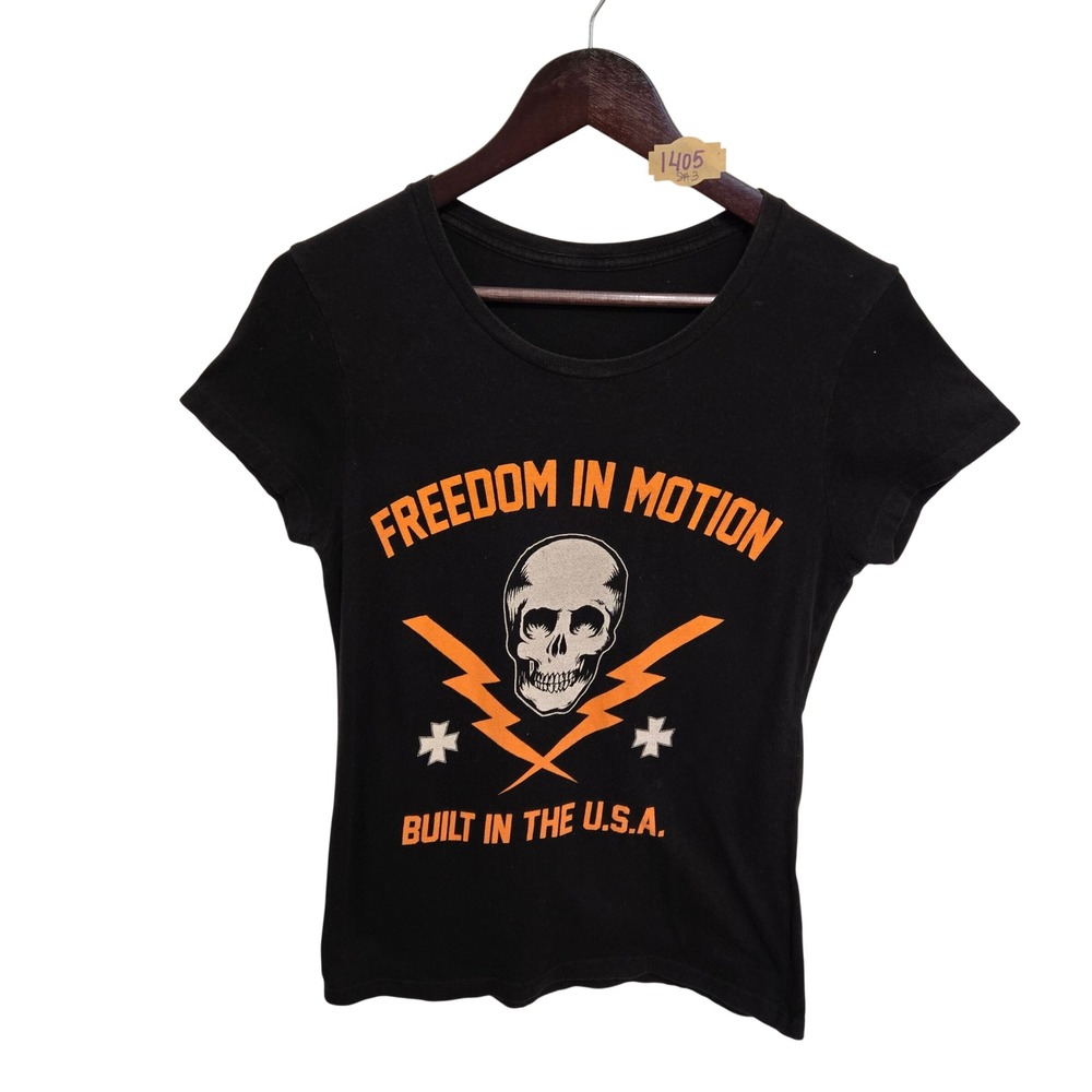 Freedom In Motion Skull Graphic T-Shirt Black Orange Lightning Bolt Built In USA
